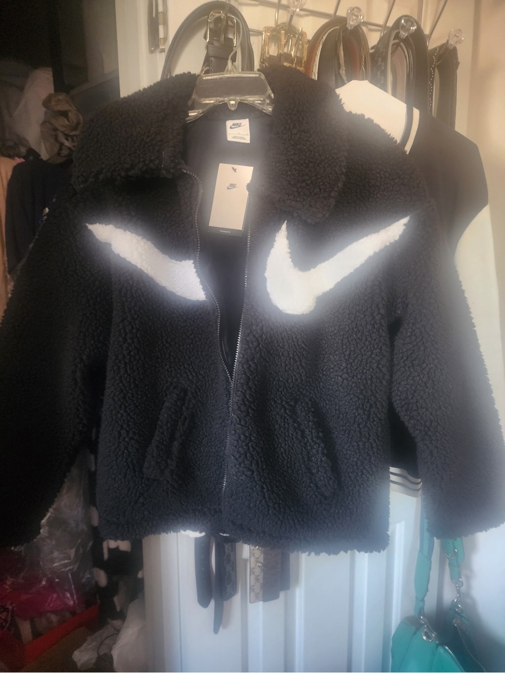 Nike Black Sherpa Teddy Jacket with White Swooshes